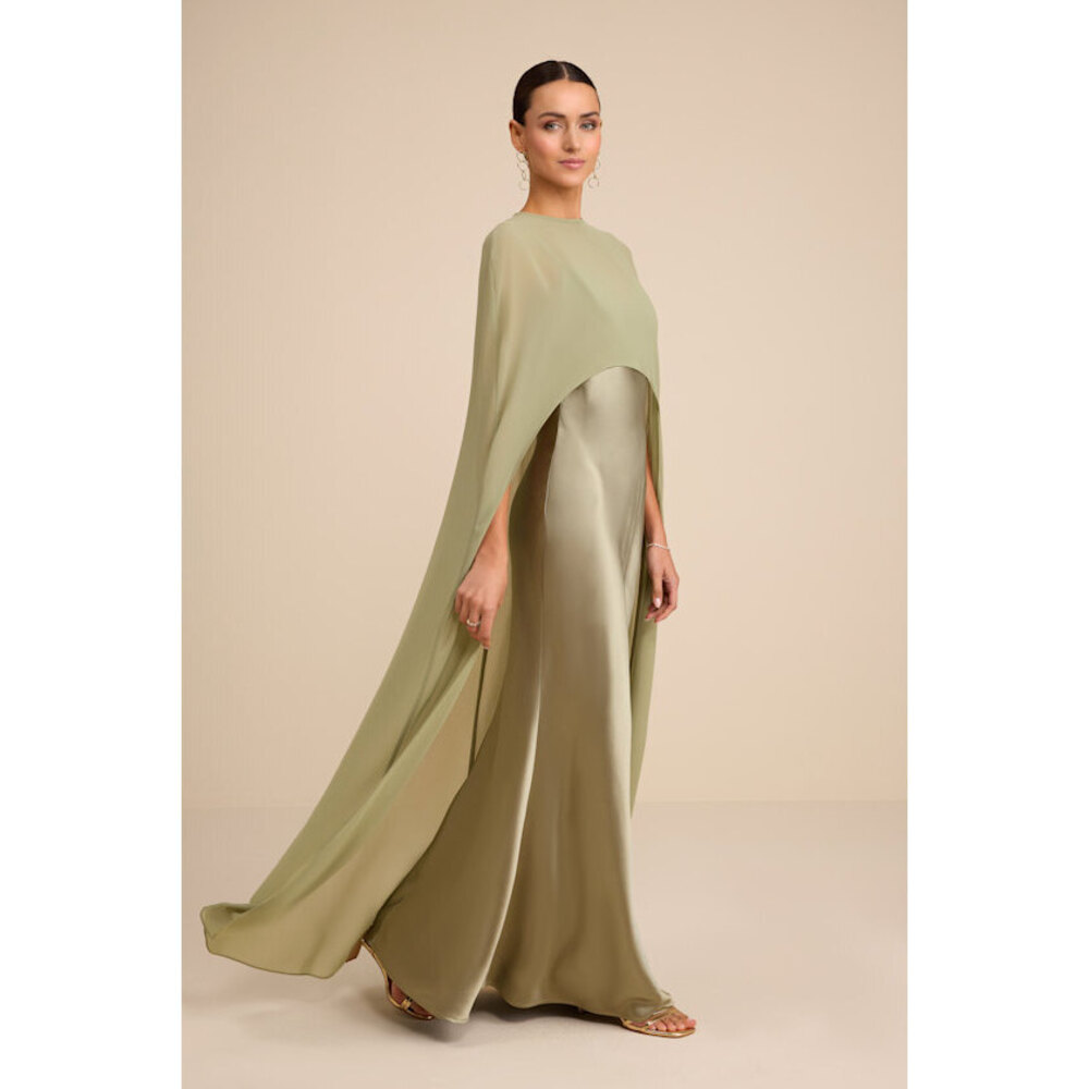 Lulus Cavana Sage Satin Cape Maxi Dress Green - Size M